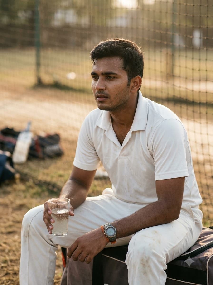 A cricketer in whites resting in the nets at golden hour with a glass of fizz