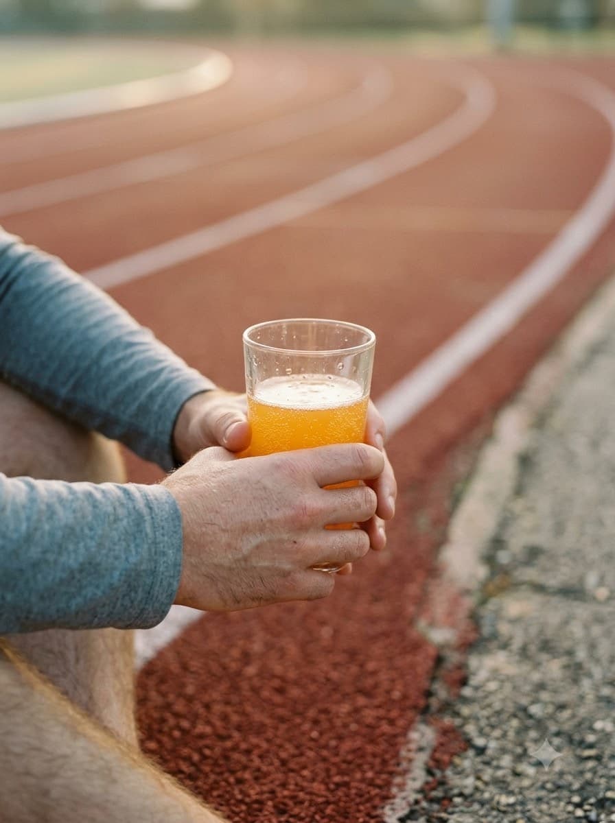 A runner's hands holding a glass of orange fizz at the edge of a track at dawn