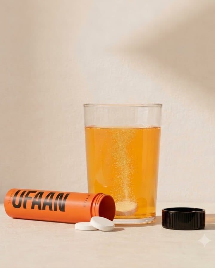 An orange Ufaan Hydrate tube on its side in front of a glass of orange fizz, its black cap and two tablets on pale stone