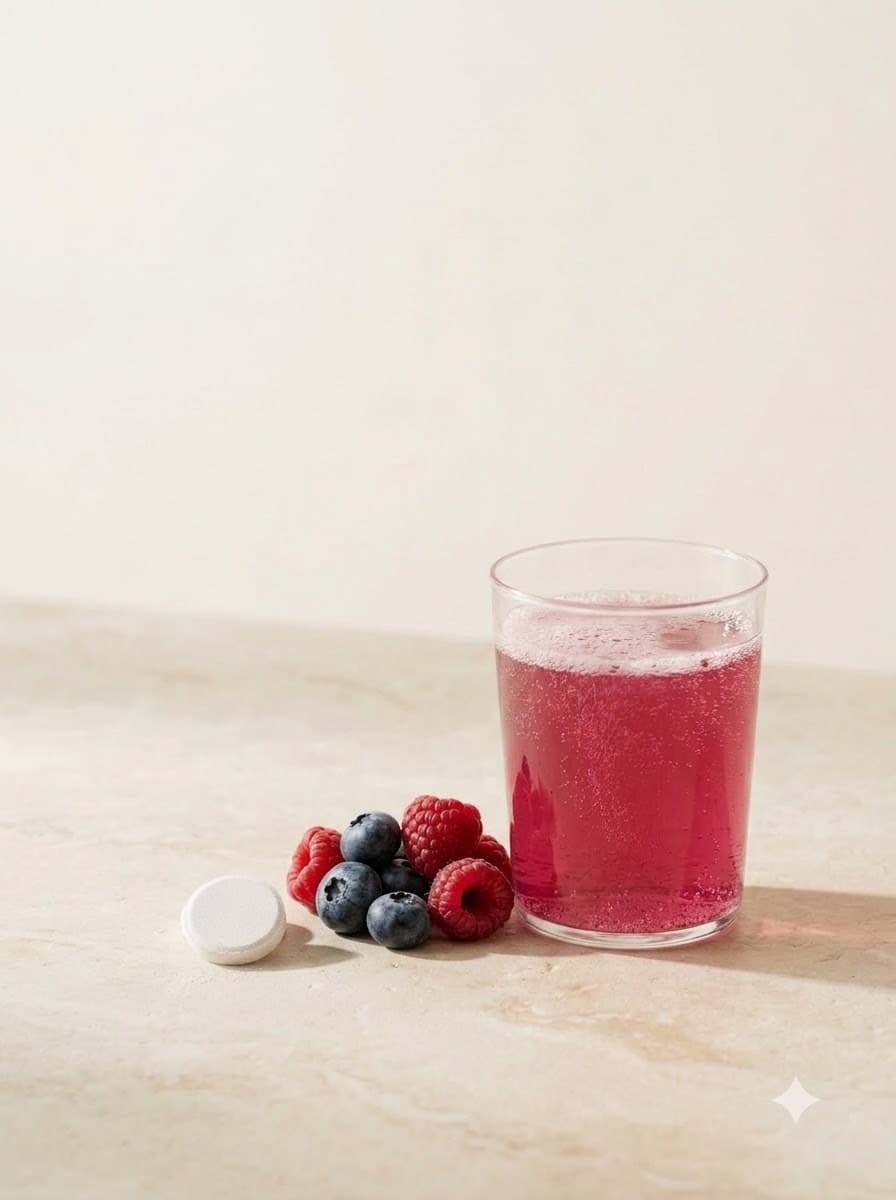 A tablet beside raspberries and blueberries and a glass of pink fizz on pale stone