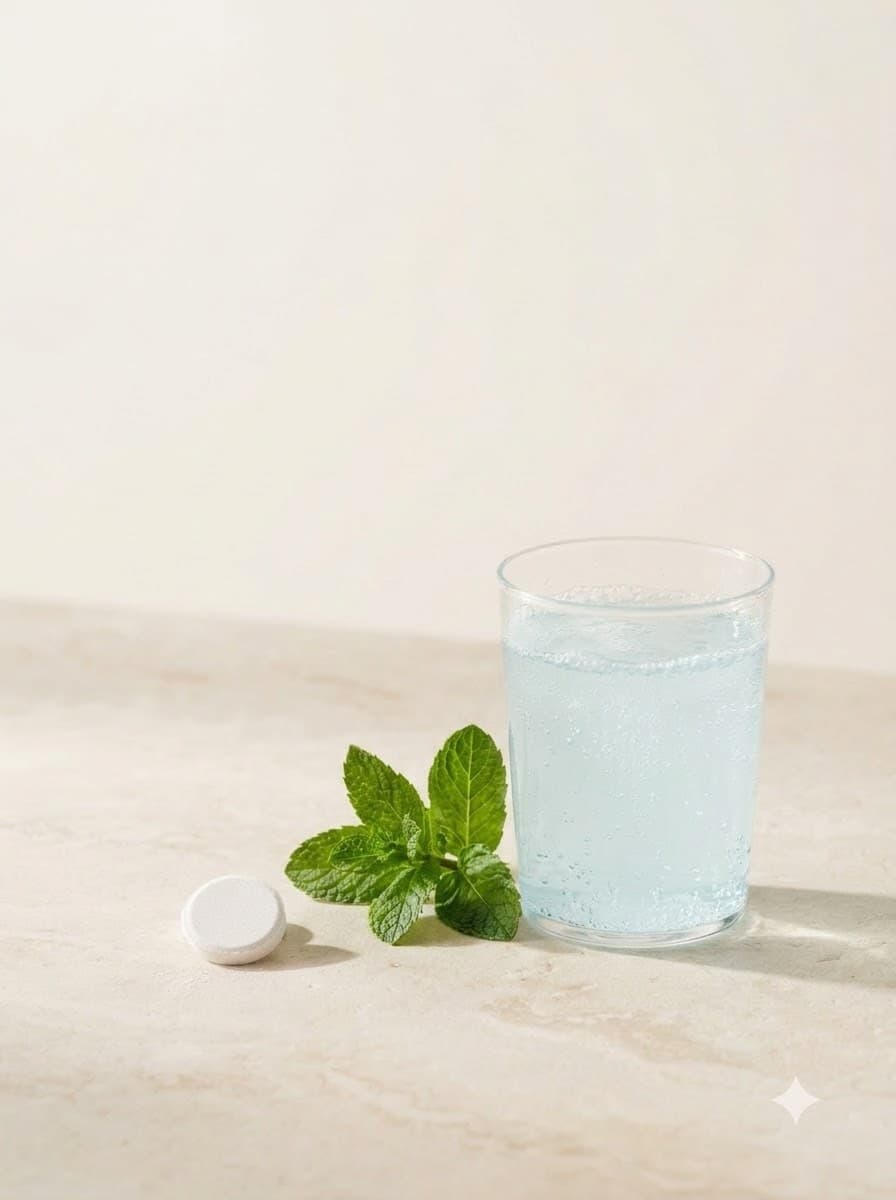 A tablet beside mint sprigs and a glass of pale blue fizz on pale stone