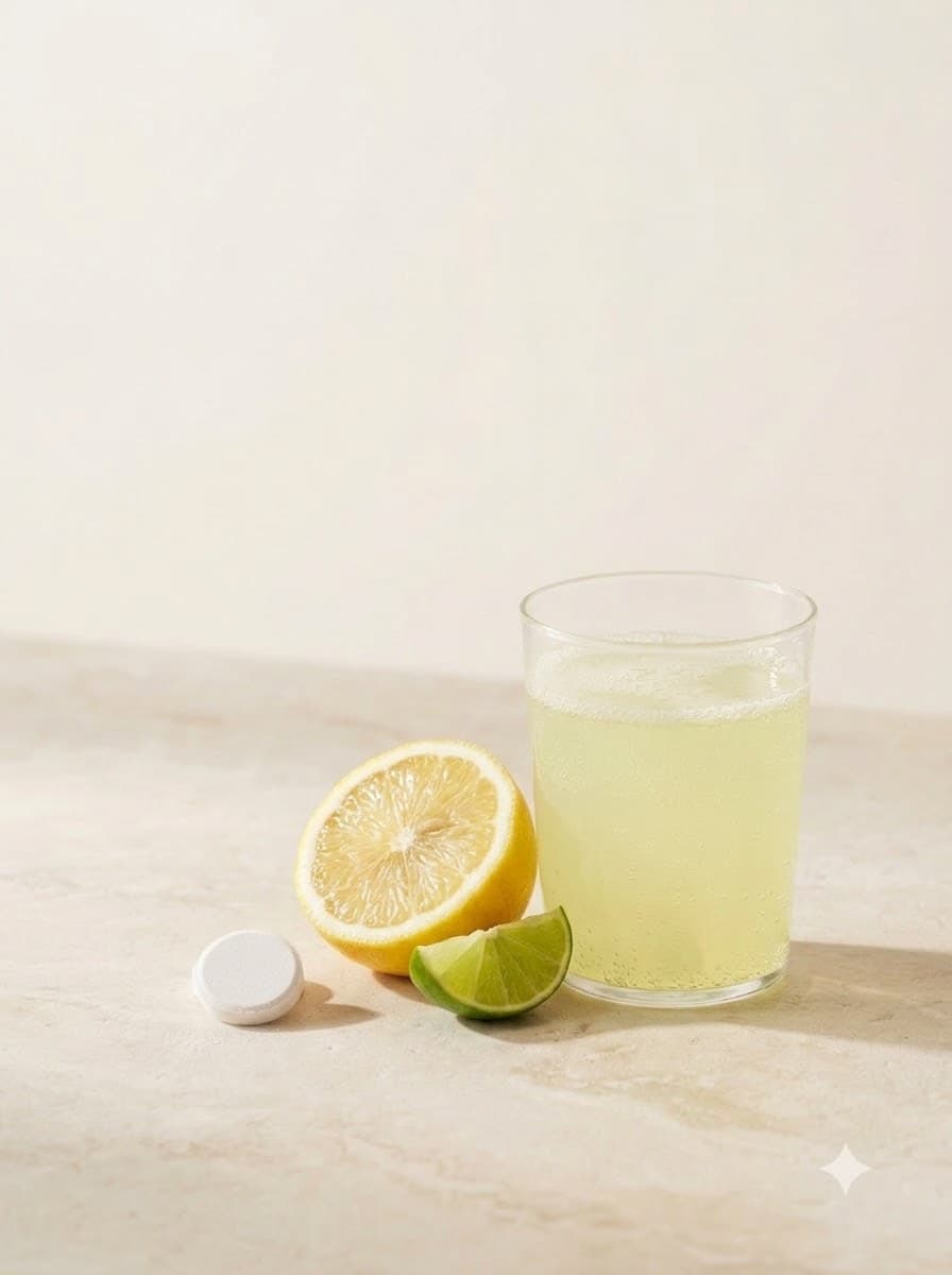 A tablet beside lemon and lime and a glass of pale yellow fizz on pale stone