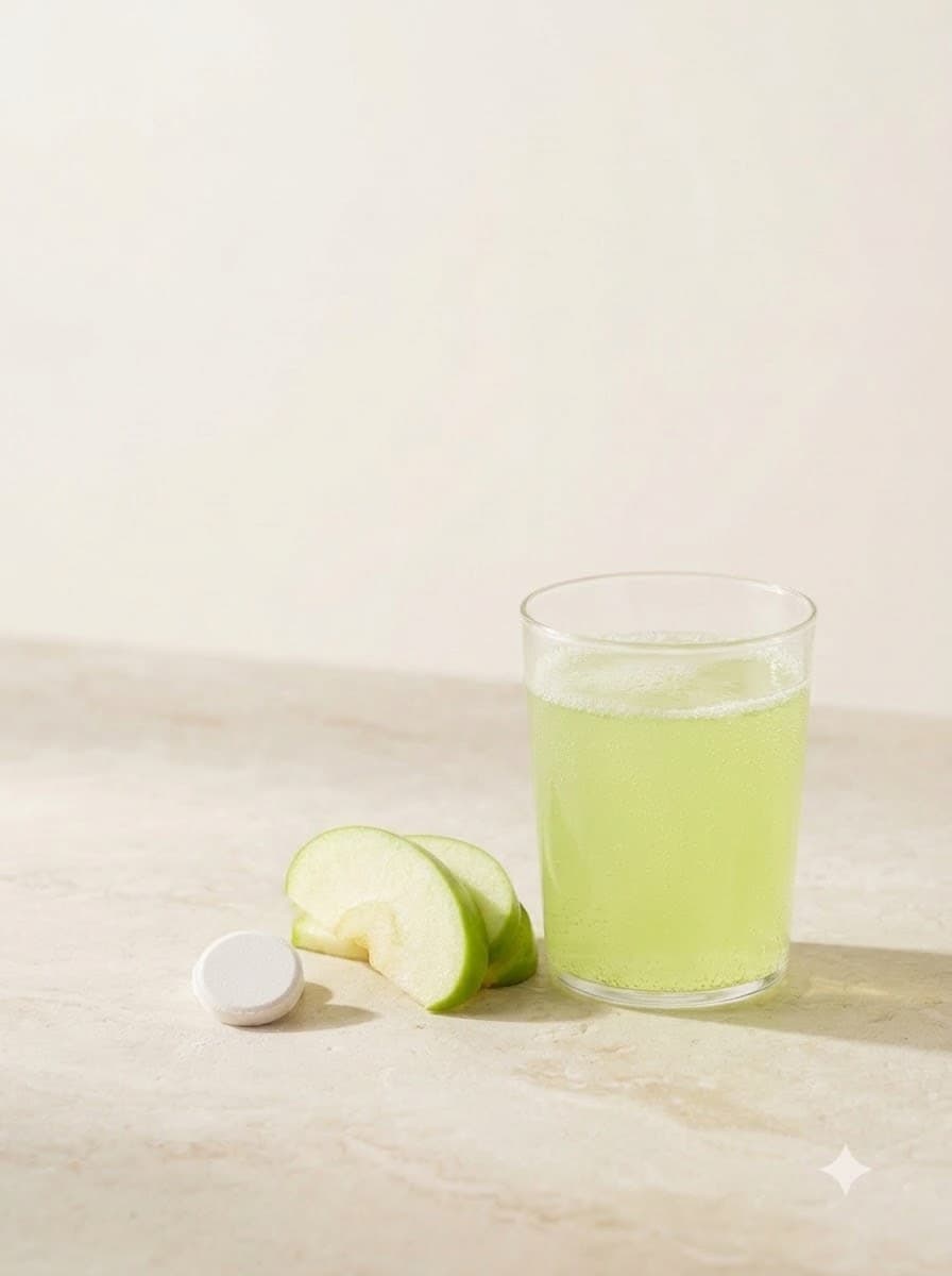 A tablet beside green apple slices and a glass of pale green fizz on pale stone