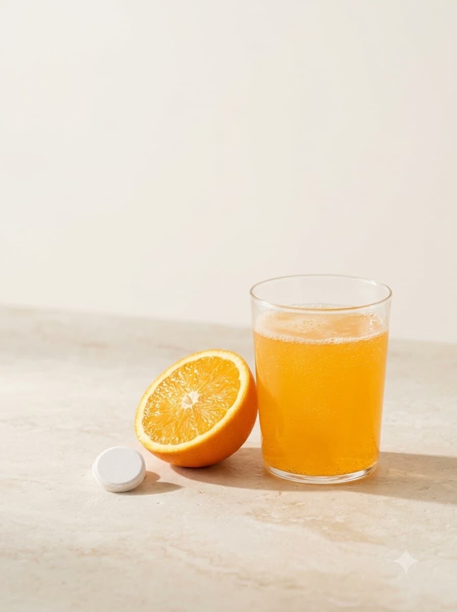 A tablet beside half an orange and a glass of orange fizz on pale stone